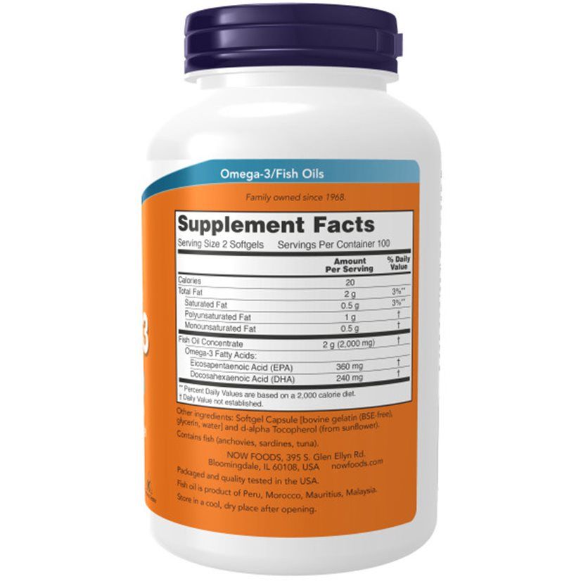Witte fles met blauwe dop. Etiket met voedingswaarde en ingrediënten. Bevat Omega-3 visoliën. Merk: Now Foods.