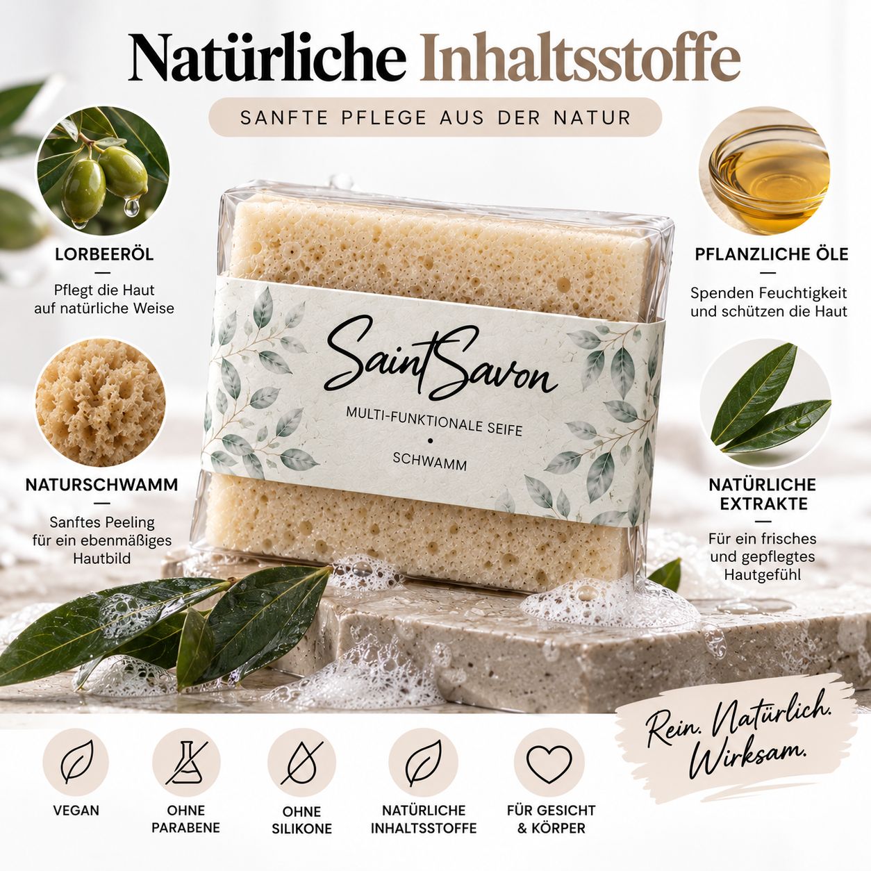 Éponge savonneuse Saint Savon mettant l'accent sur les ingrédients naturels comme l'huile de laurier et les huiles végétales.