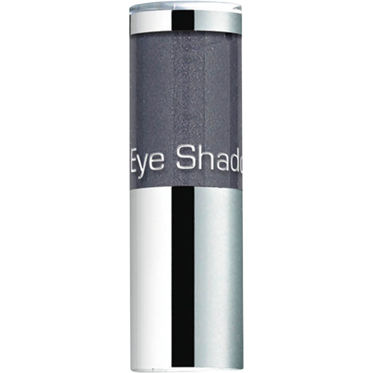 Cilindrische houder met zilverkleurige bodem en deksel. Het bovenste deel is grijs. Opschrift: Eye Shadow.