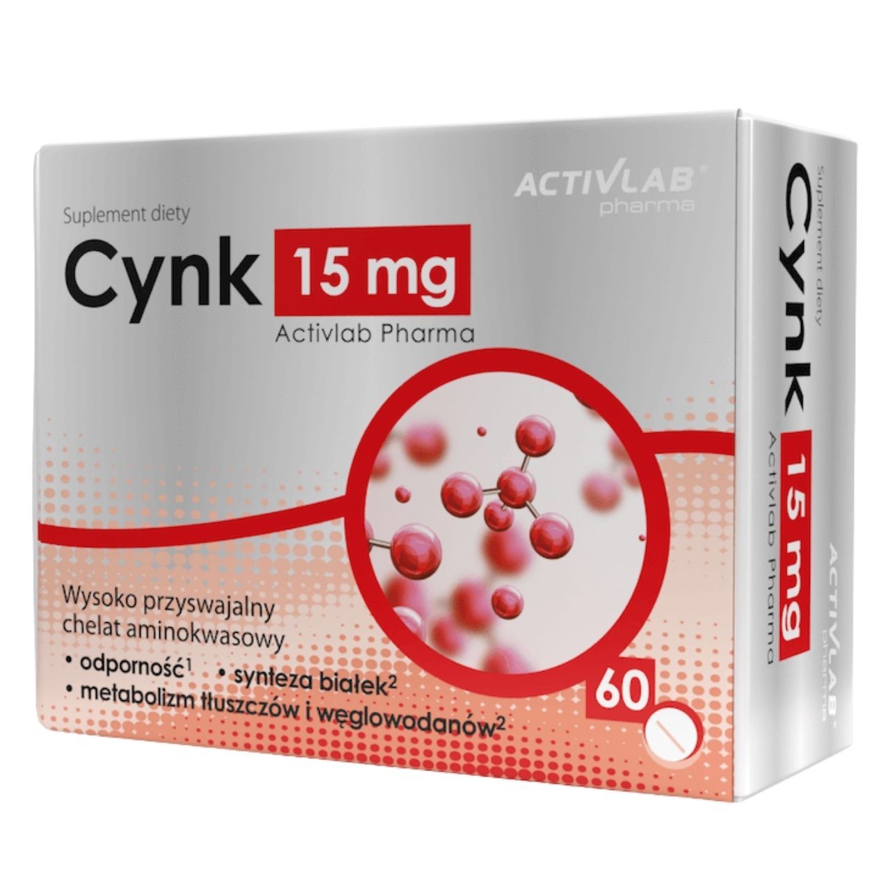 Boîte de complément alimentaire Activlab Pharma Zinc 15 mg, 60 comprimés. Graphique de structure moléculaire.