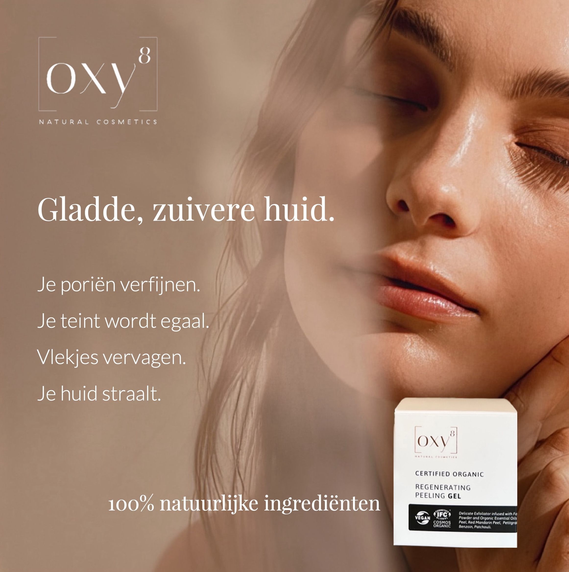 Product met tekst: REGENERATING PEELING GEL. Vrouw met gladde huid. Doos met product.