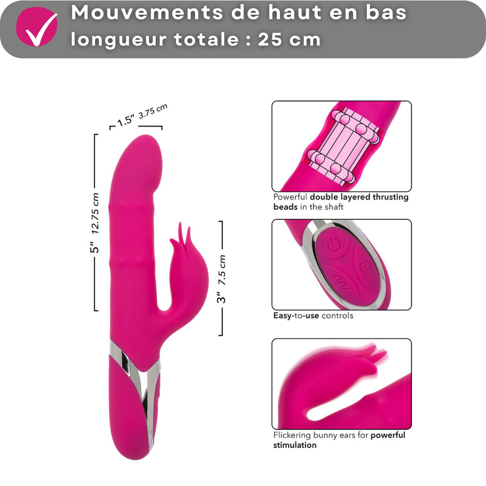 Vibrateur rose avec dimensions. Texte: Mouvements de haut en bas, 25cm. Détails: perles, commandes, oreilles de lapin.
