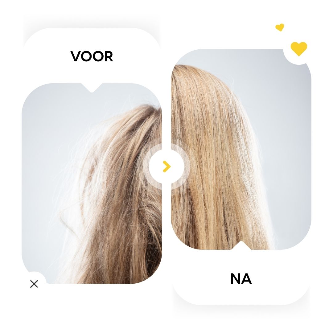 Voor-en-na-vergelijking. Blond haar, links onverzorgd, rechts verzorgd. Tekst in tekstballonnen.