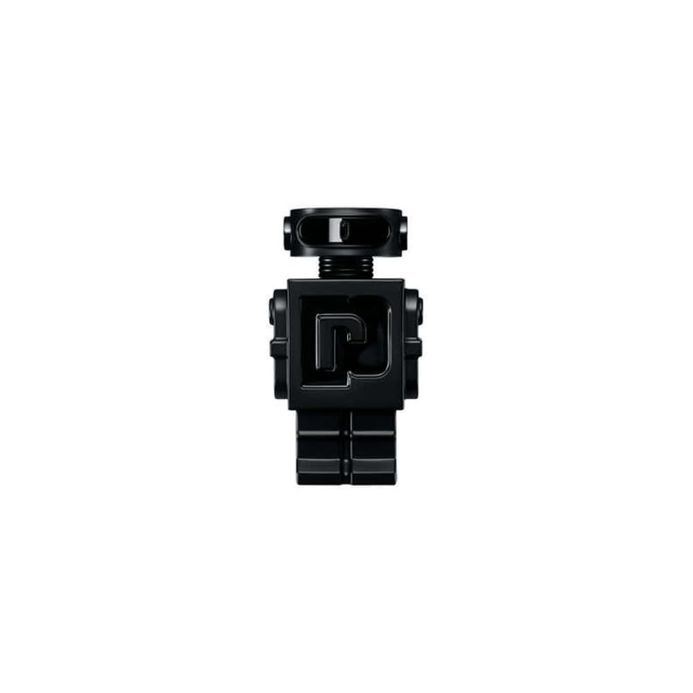 Flacon noir en forme de robot. Le logo "P" est visible sur la poitrine. Le flacon a un bouchon noir.