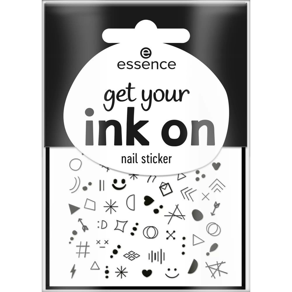 Autocollants à ongles Essence Get Your Ink On. Emballage noir avec impression blanche. Petits autocollants noirs de formes variées.