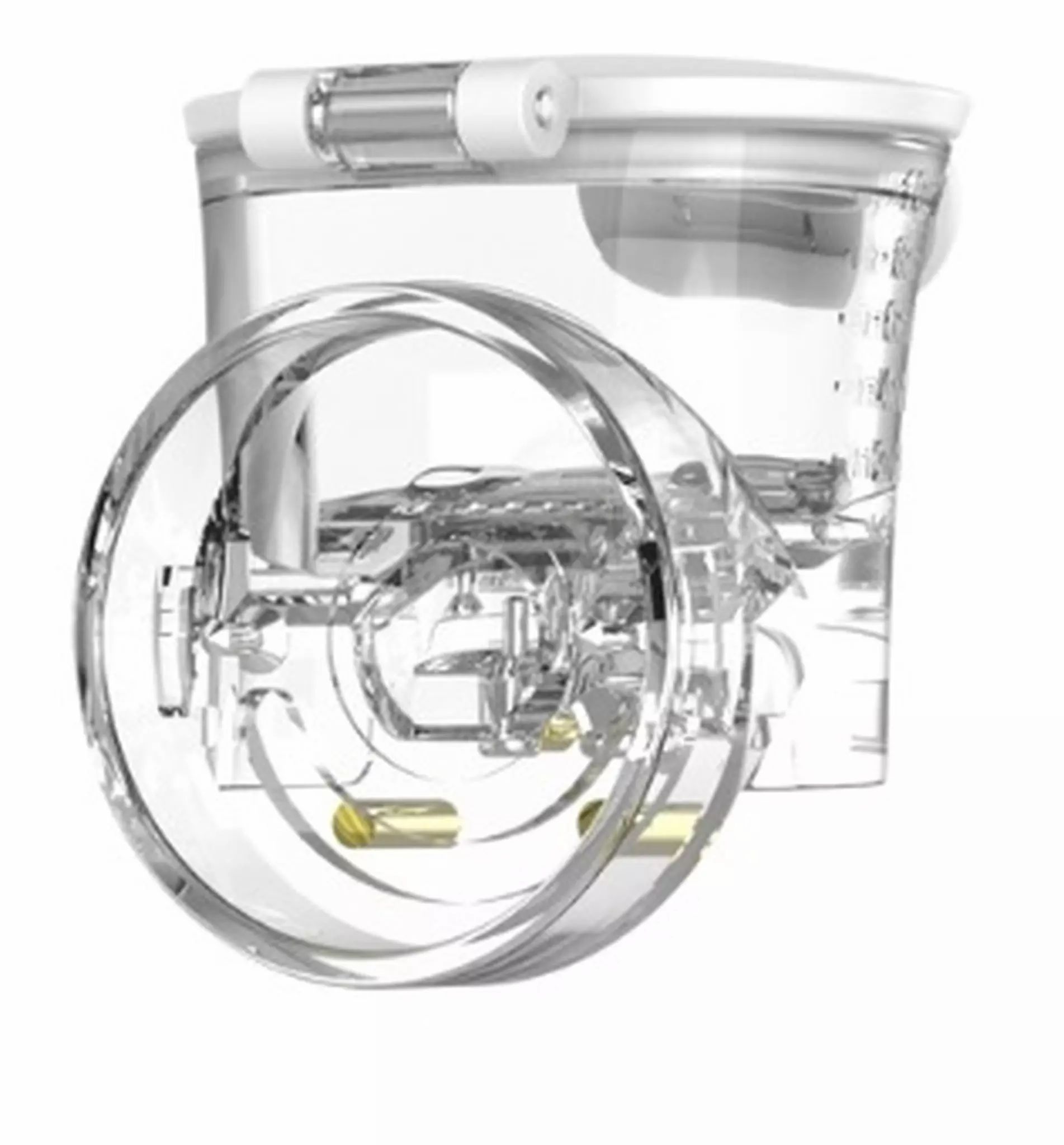 Récipient transparent avec mécanisme interne visible et échelle de mesure.