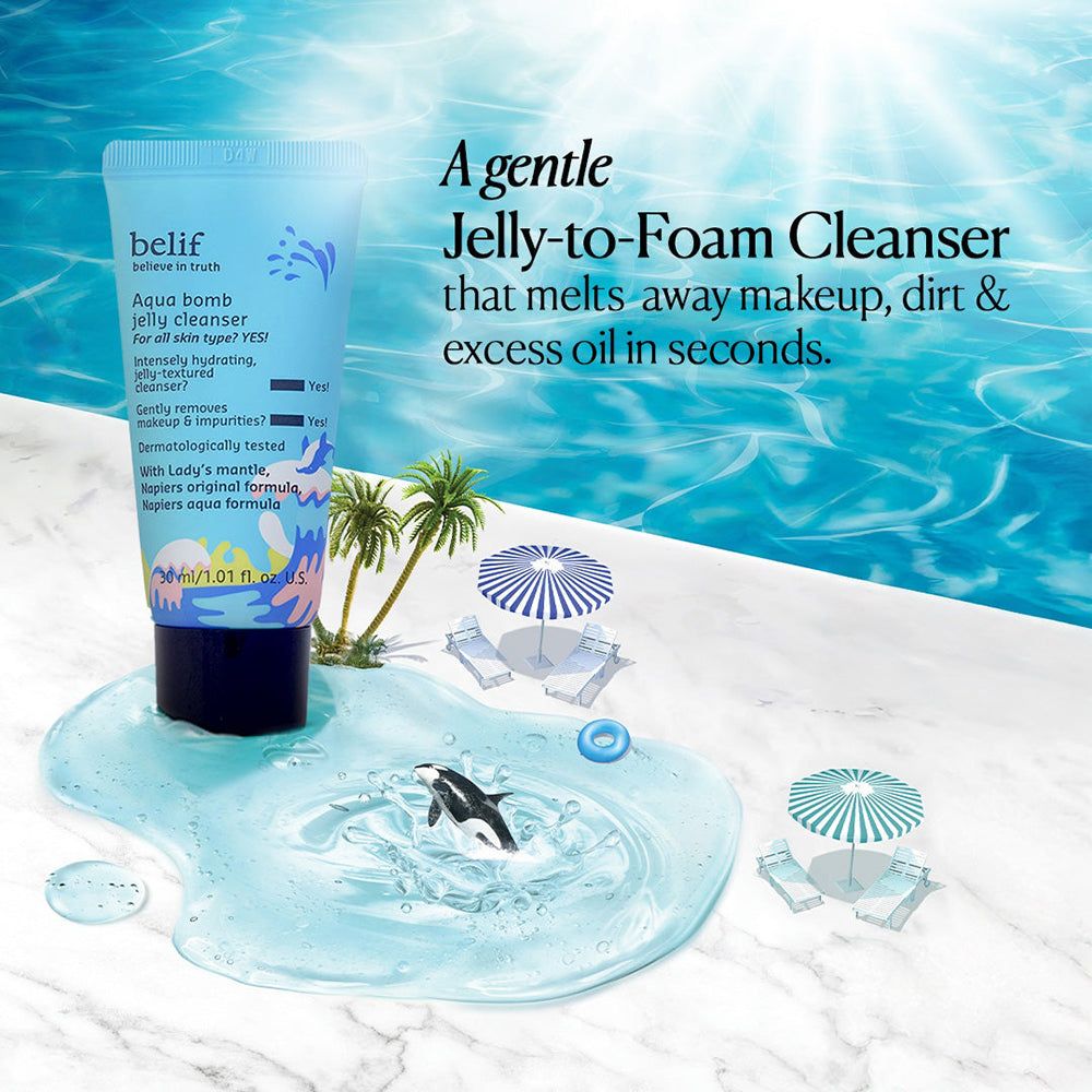 Tube Belif Aqua Bomb Jelly Cleanser près d'une piscine avec chaises longues et parasols.