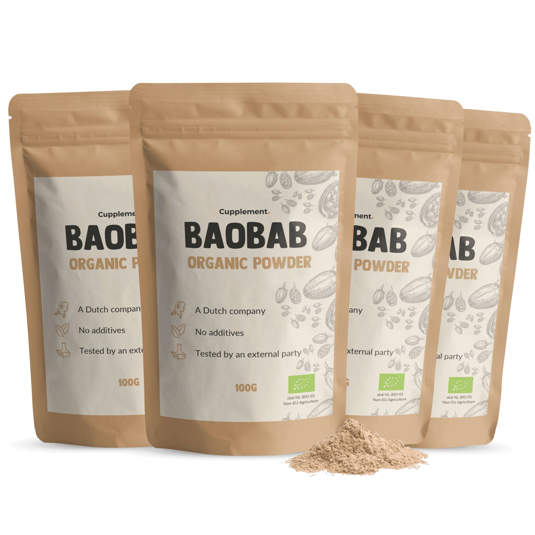 Vier zakken Cupplement® Baobab poeder. Bruine zakken met wit etiket. Biokeurmerk. 100g. Poeder ernaast.