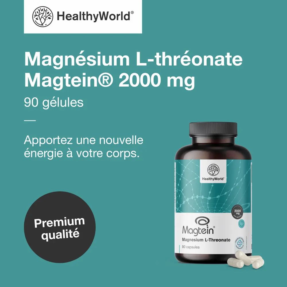 Flacon avec capsules. Texte: HealthyWorld, Magnésium L-thréonate Magtein® 2000 mg, 90 gélules. Qualité supérieure.