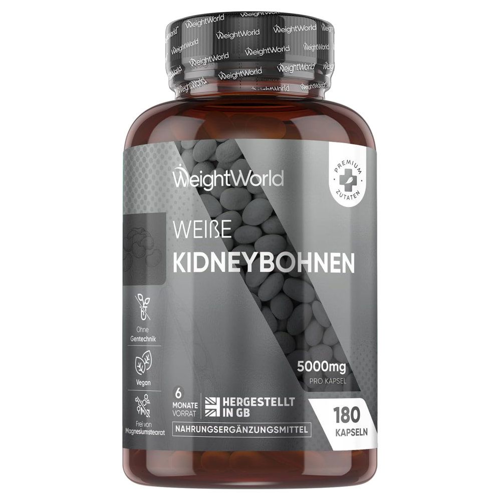 Bruine fles met capsules. Tekst: WeightWorld, Weiße Kidneybohnen, 5000mg, 180 capsules.