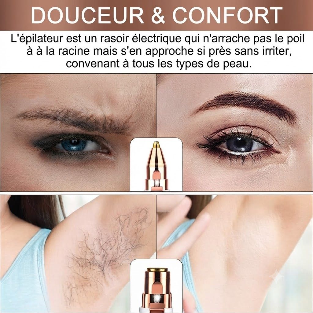 Épilateur électrique doré et blanc pour sourcils, avant/après.
