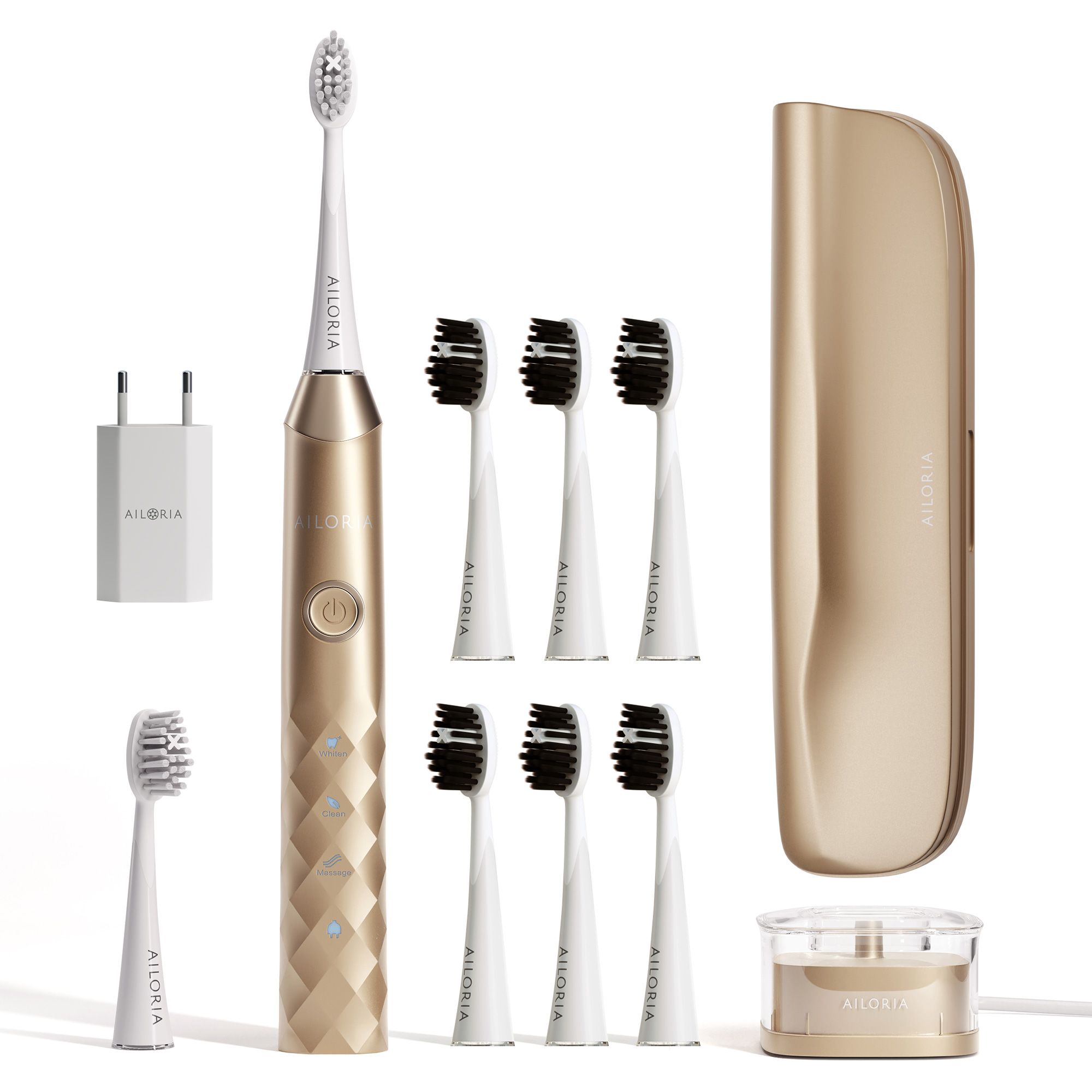 Brosse à dents électrique dorée avec accessoires : chargeur, têtes de brosse, étui de voyage et socle. AILORIA.