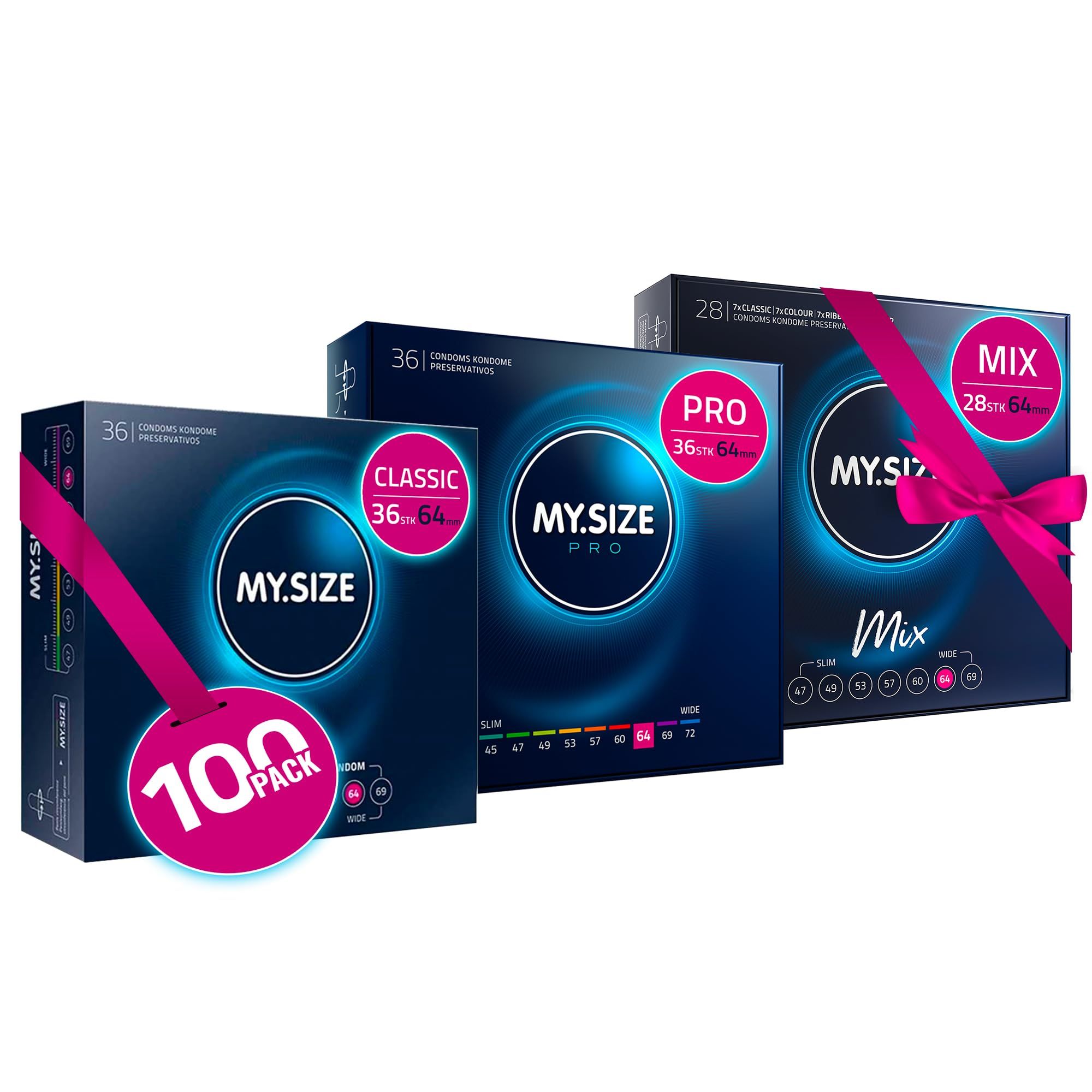 Trois paquets de préservatifs MY.SIZE : Classic 36/64, Pro 36/64 et Mix 28/57. Un paquet indique '100 PACK'.