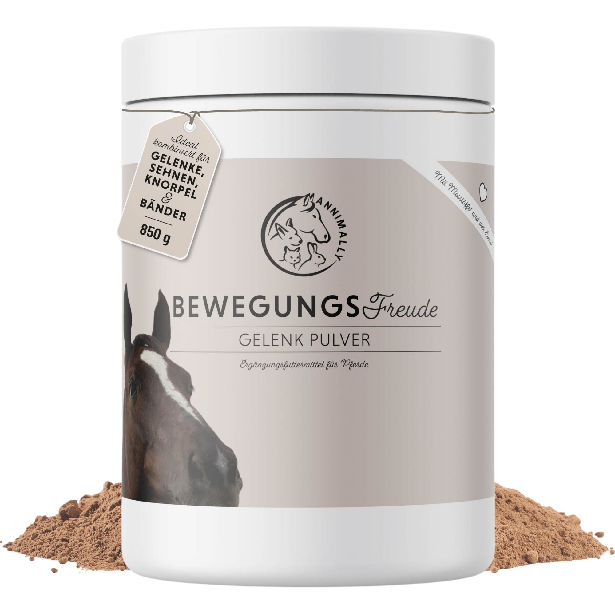 Witte pot met bruin poeder. Label: gewrichten, pezen, kraakbeen & banden. 850 g. Logo Annimally.