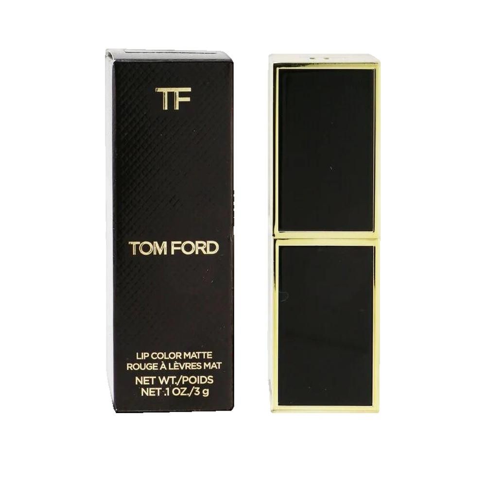 Zwarte lippenstiftverpakking met gouden accenten. Tekst: TF, TOM FORD, LIP COLOR MATTE ROUGE À LÈVRES MAT, NET WT./POIDS NET .1 OZ./3 g.