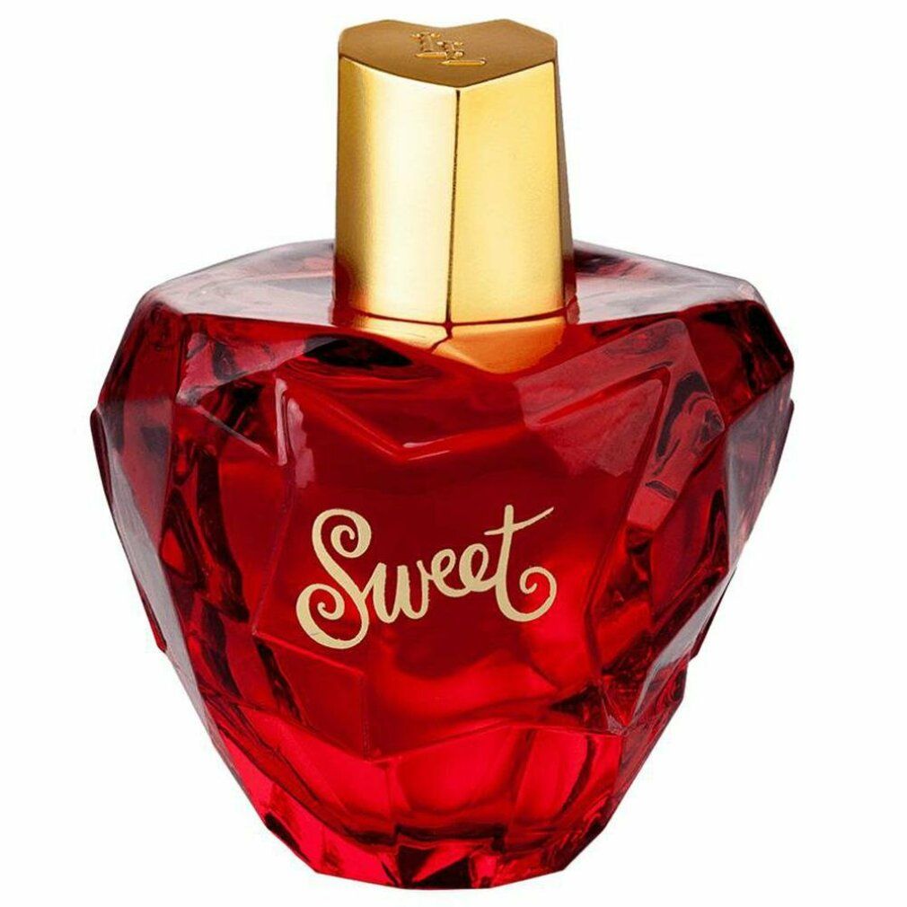 Flacon rouge en forme de cœur avec bouchon doré. Inscription "Sweet".