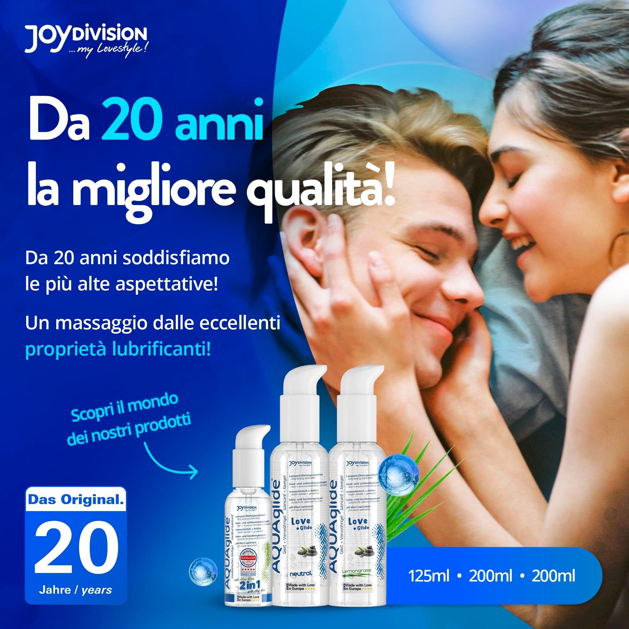 Lubrifiants AQUAGLIDE en différentes tailles: 125ml, 200ml, 200ml.