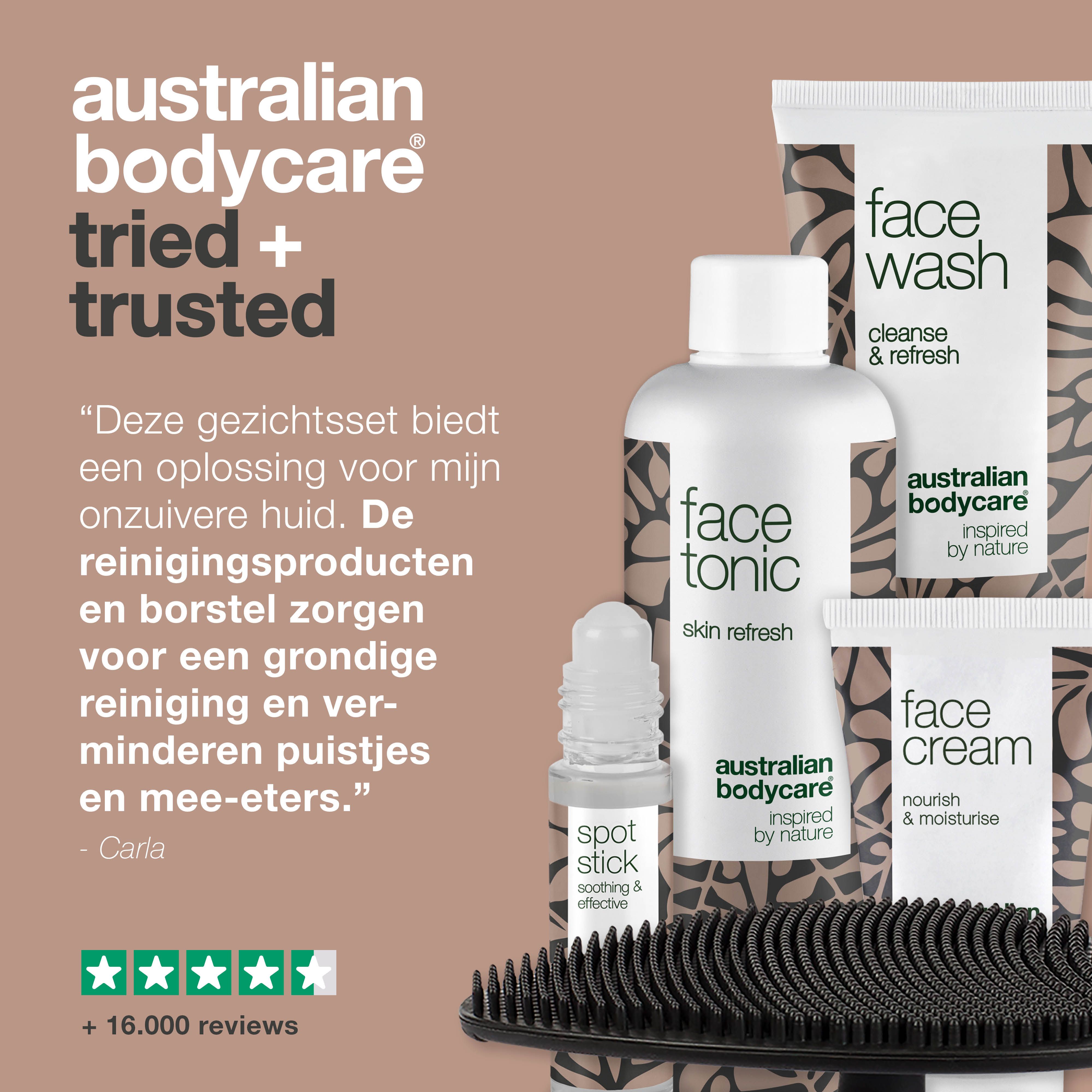 Gezichtsset met Face Wash, Face Tonic, Face Mask, Face Cream, Spot Stick en borstel. Tekst: getuigenis.