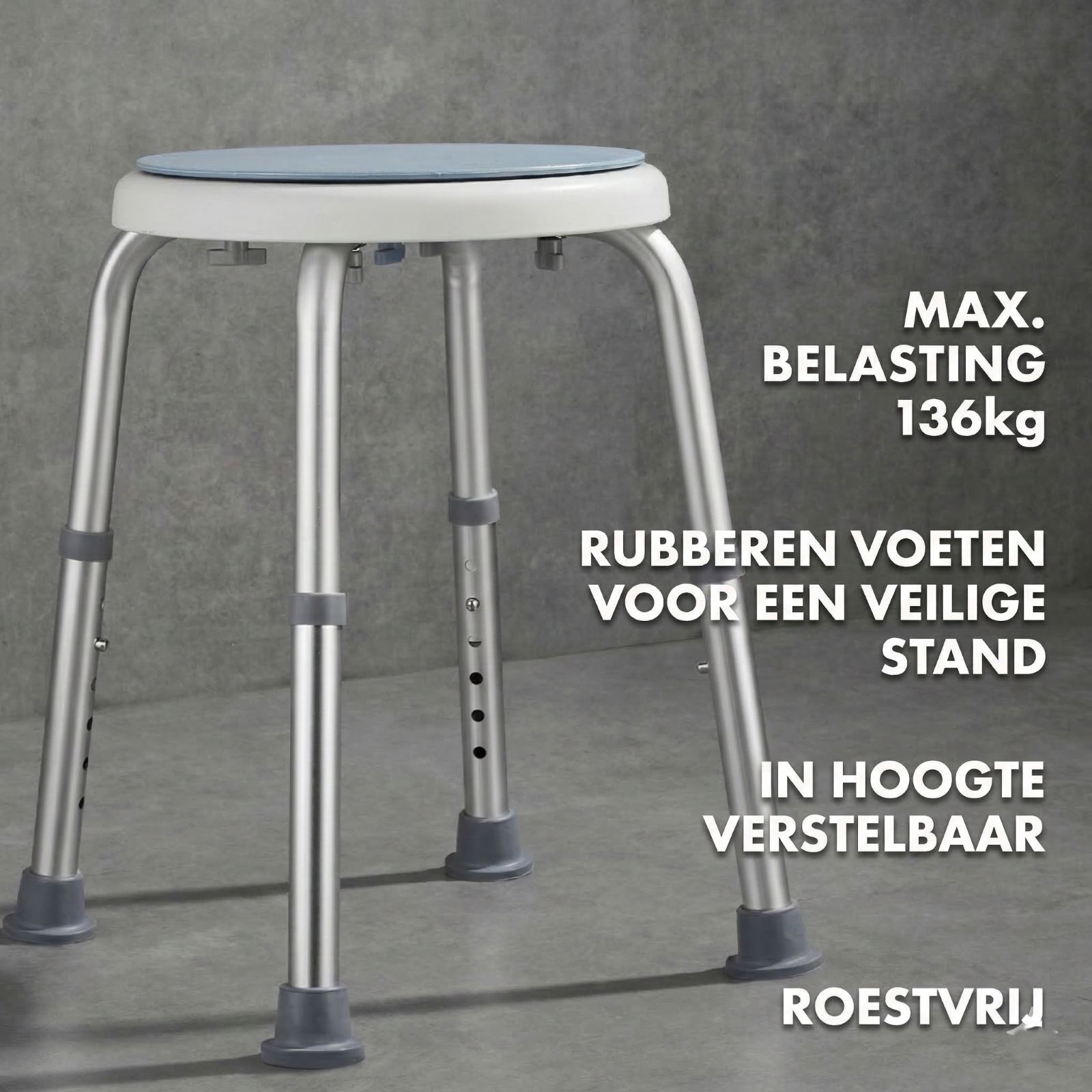 Douchekruk met 4 poten. Max. belasting 136kg. Rubberen voetjes. In hoogte verstelbaar. Roestvrij.