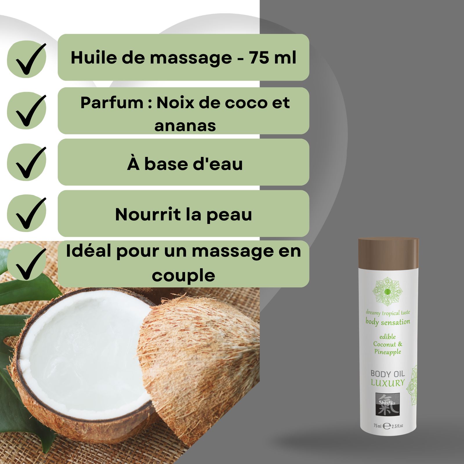 Bouteille d'huile de massage Shiatsu, arôme noix de coco et ananas, à base d'eau, nourrit la peau.