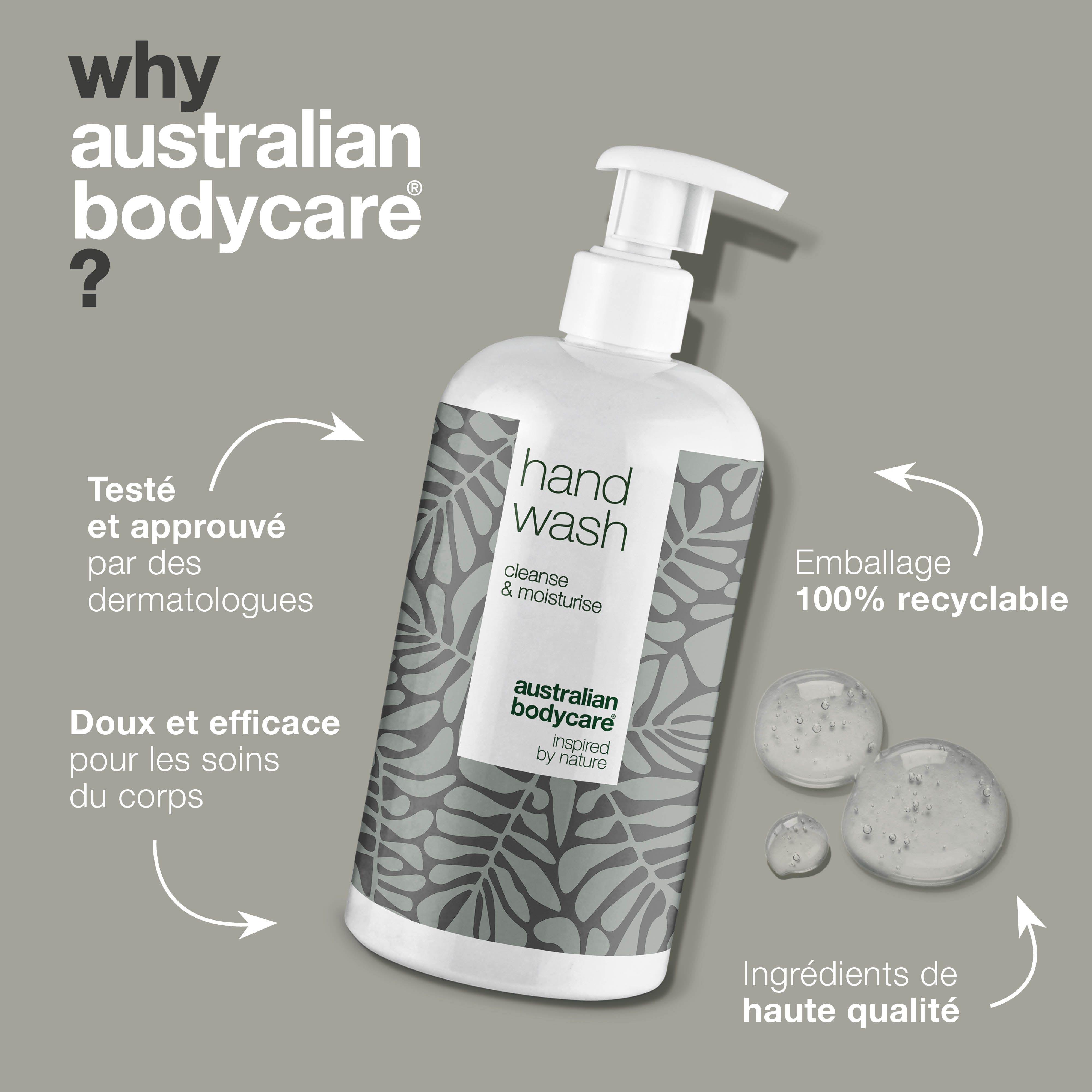 Flacon de savon pour les mains. Inscription : Hand Wash, cleanse & moisturise. Logo : Australian Bodycare. Texte : Testé et approuvé par les dermatologues.
