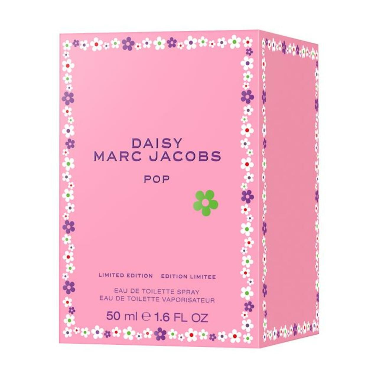 Roze verpakking met bloemmotief. Opschrift: Daisy Marc Jacobs Pop. Limited Edition. 50 ml.