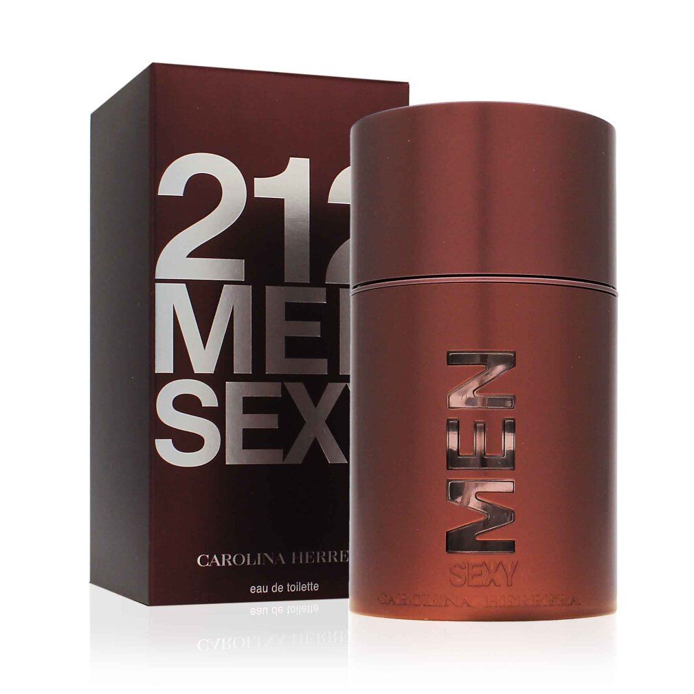 Bruine fles en doos. Op de doos staat 212 MEN SEXY. Op de fles staat SEXY MEN. CAROLINA HERRERA staat op de doos.