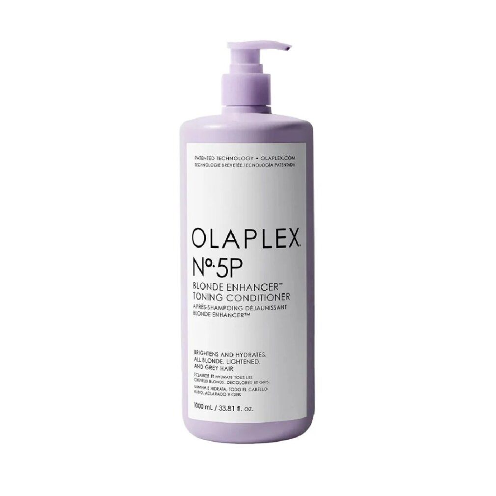 Flacon Olaplex N°5P. Flacon violet avec pompe. Texte: Blonde Enhancer Toning Conditioner. Pour cheveux blonds, éclaircis et gris.