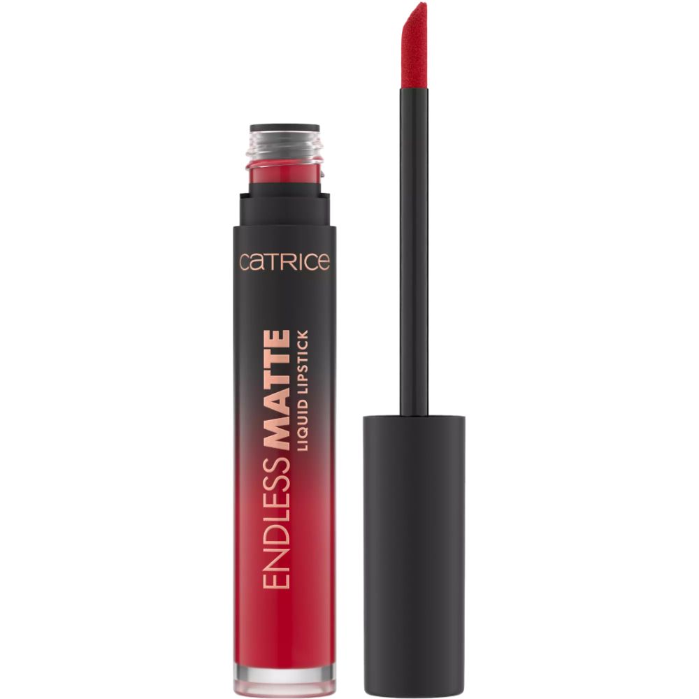 Rouge à lèvres liquide rouge avec applicateur. Inscription: CATRICE, ENDLESS MATTE LIQUID LIPSTICK.