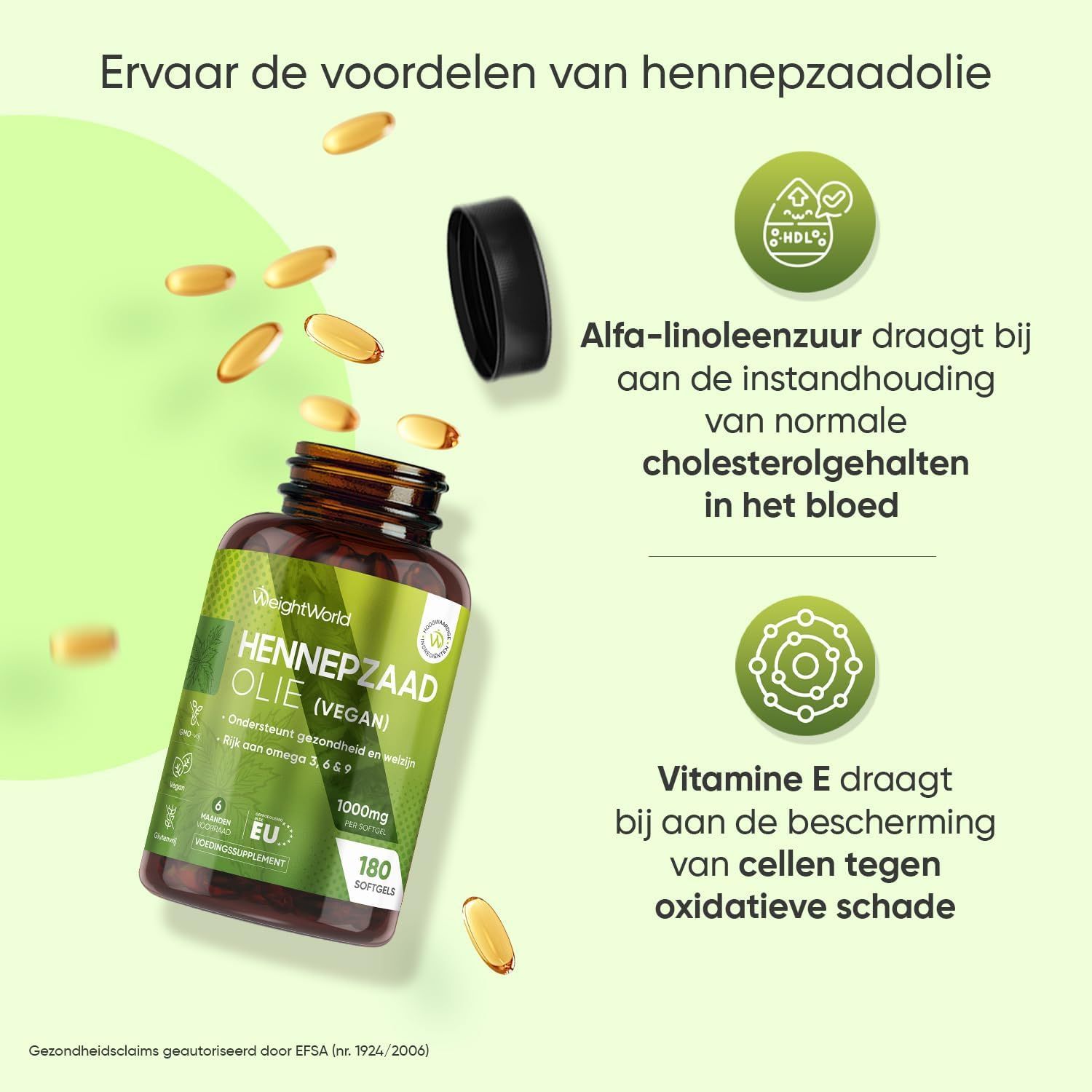 Fles WeightWorld Hennepzaadolie (Vegan) met etiket waarop 180 softgels en 1000mg staat.