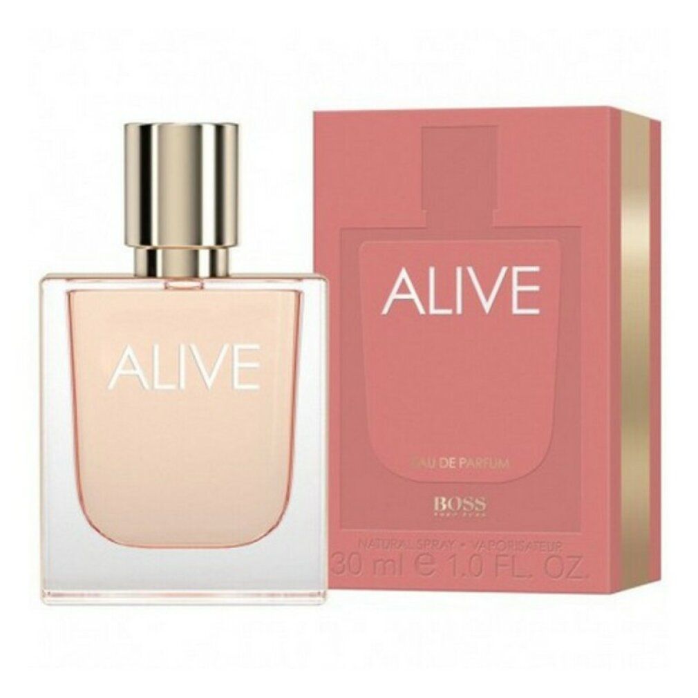 Parfumfles en verpakking. Fles met "ALIVE". Roze verpakking met "ALIVE" en "BOSS".