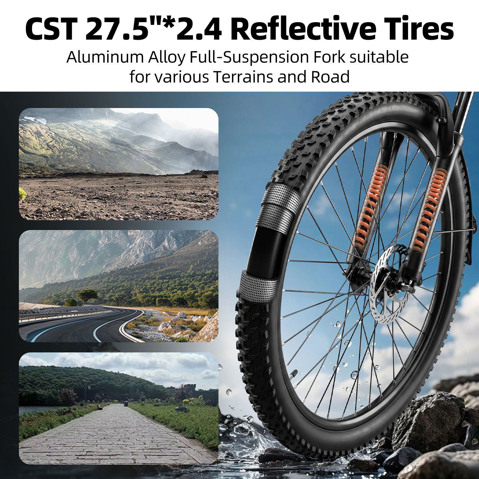 Gros plan de la roue avant d'un vélo électrique. Pneu CST 27,5", fourche suspendue et illustrations de terrains.