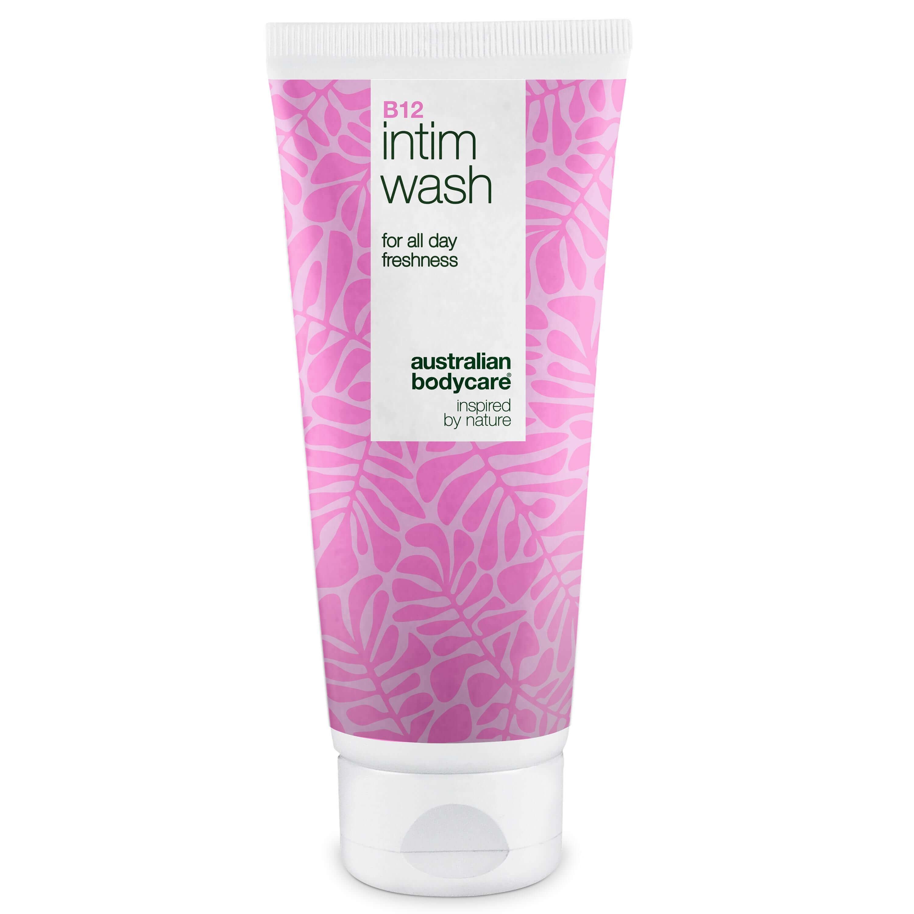 Tube de gel lavant intime. Motif rose, impression blanche. Inscription : Intim Wash, Australian Bodycare.