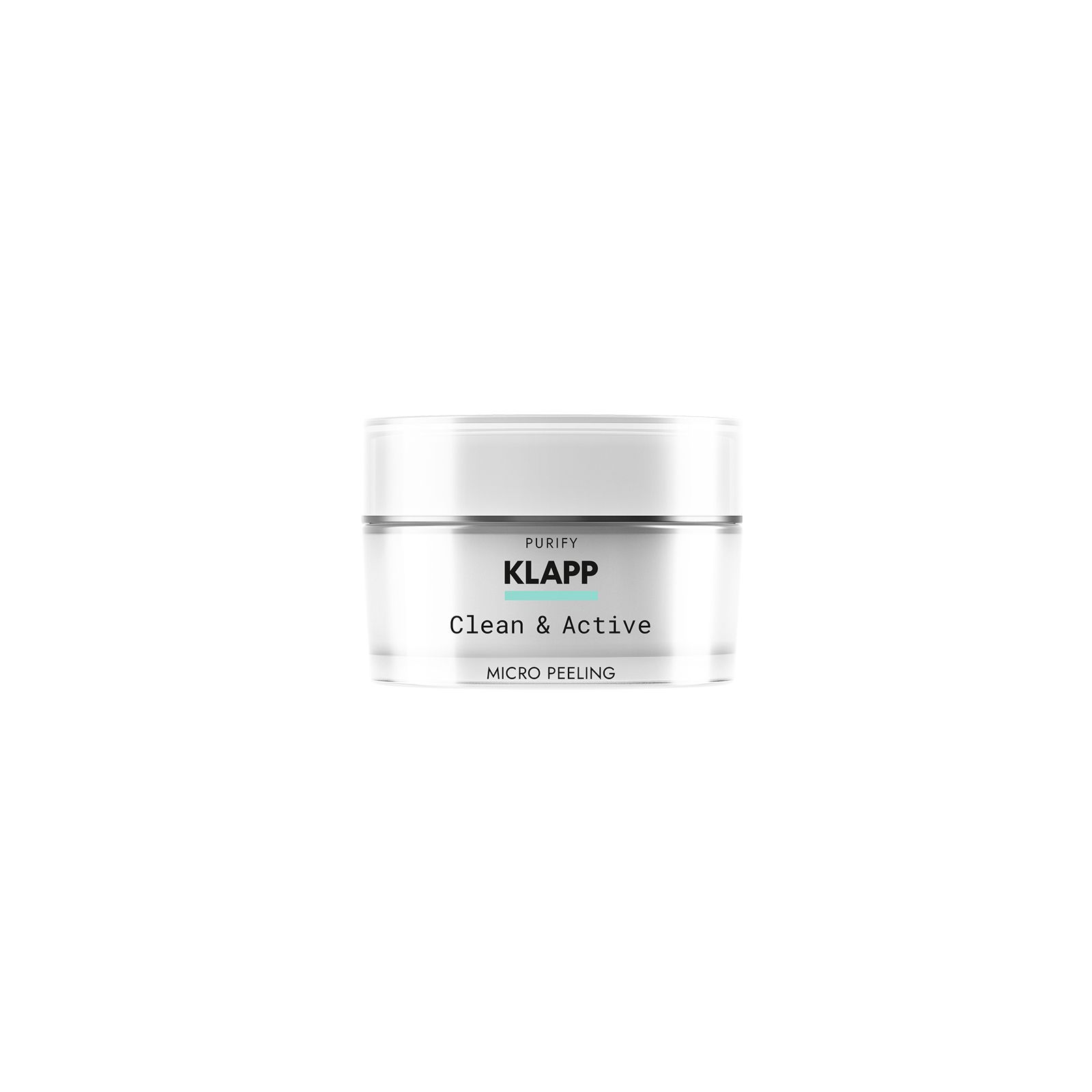 Glazen pot met witte deksel. Opschrift: KLAPP, Clean & Active Micro Peeling.