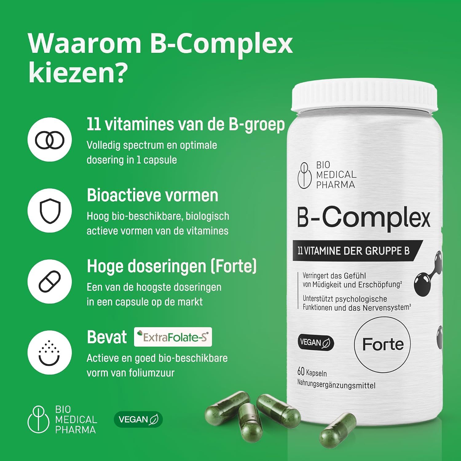 Fles B-Complex supplement met 60 capsules, vegan, Forte. Meerdere capsules ernaast.
