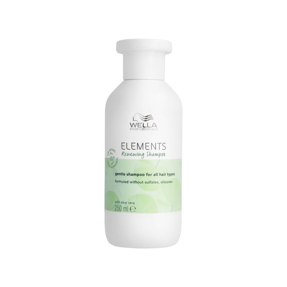 Witte shampoo fles met productnaam. Tekst: Gentle shampoo for all hair types, 250 ml.