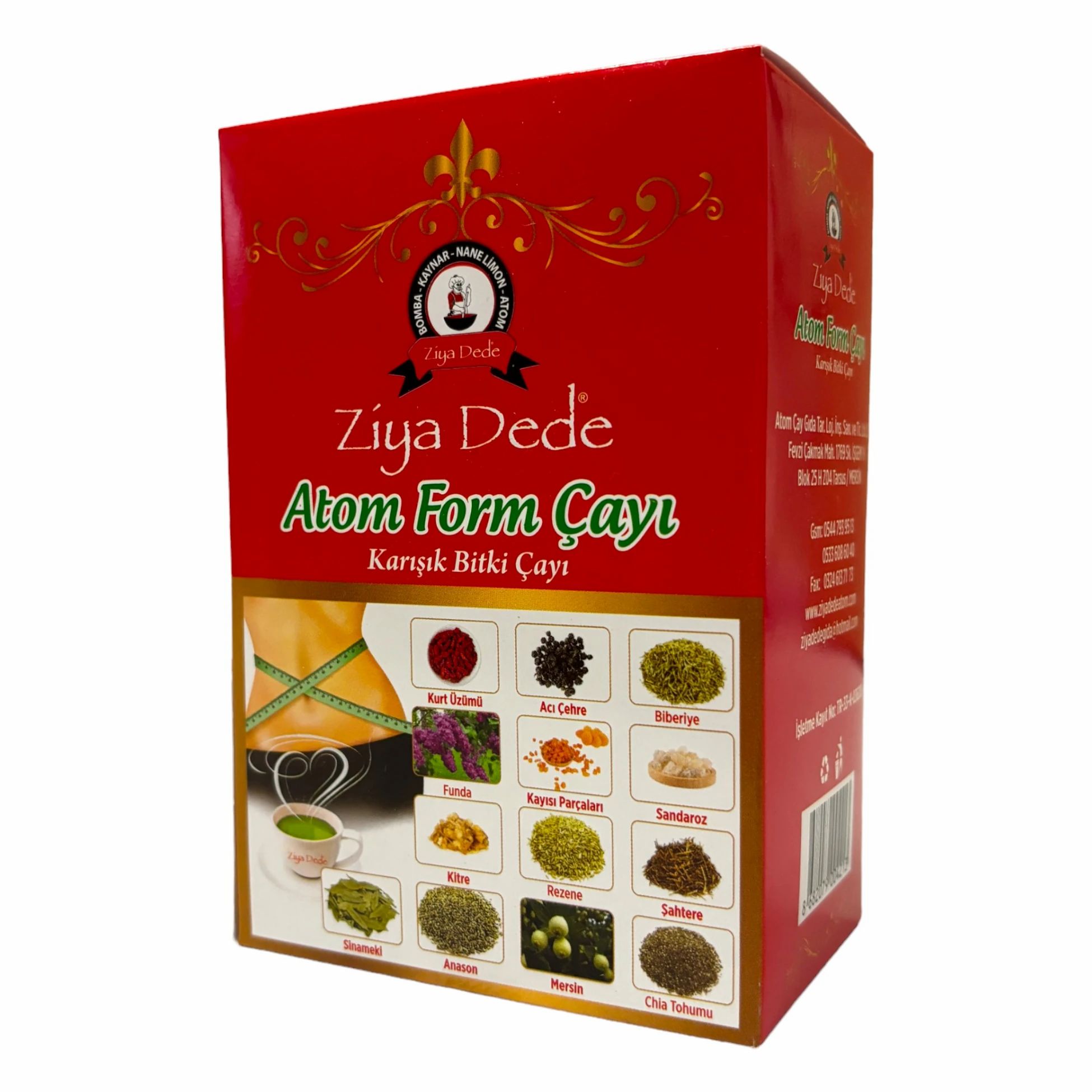 Rode verpakking met productnaam en kruidenafbeeldingen. Tekst: Ziya Dede Atom Form Çayı. Turkse kruidenmix.