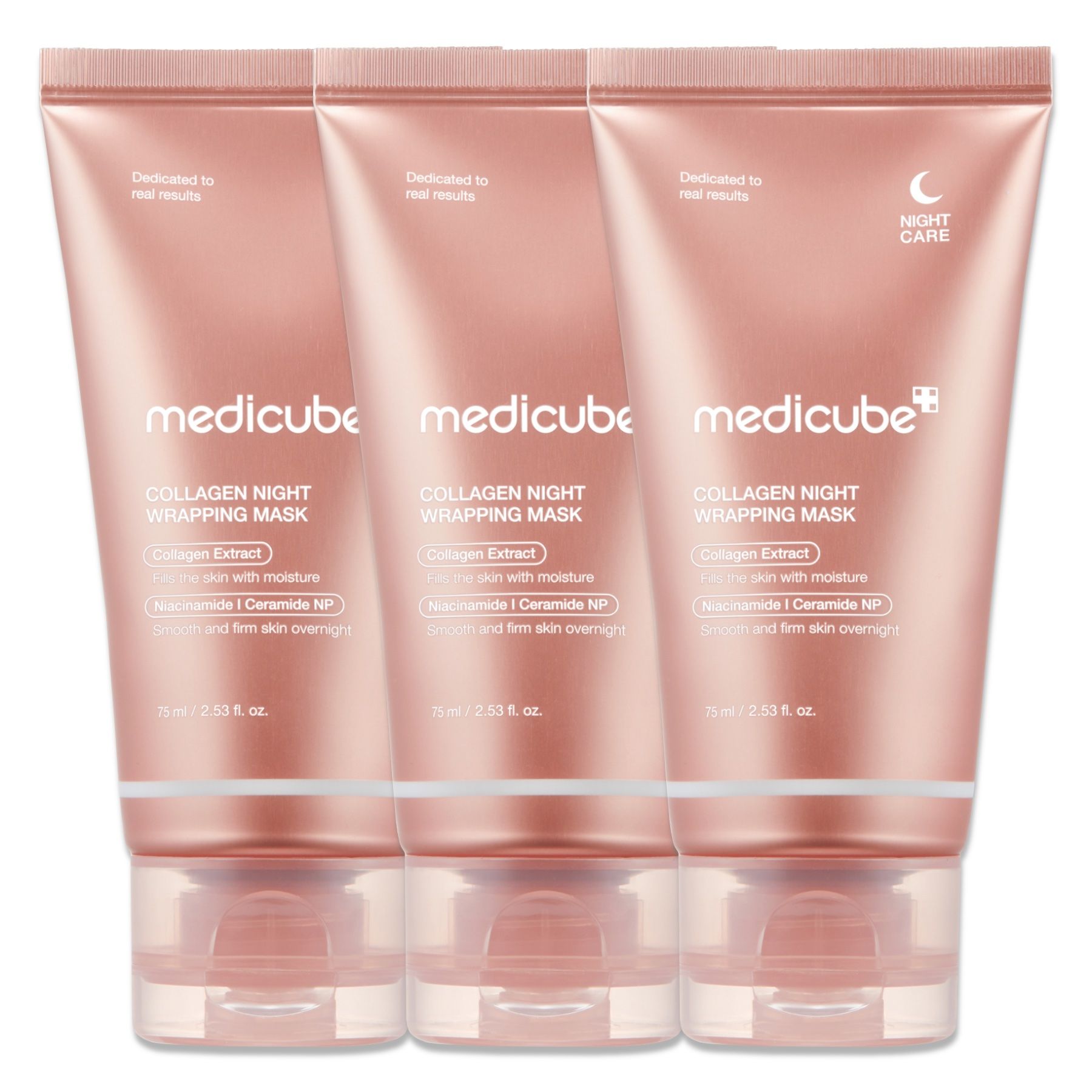 Trois tubes de Medicube Collagen Night Wrapping Mask de couleur rose.