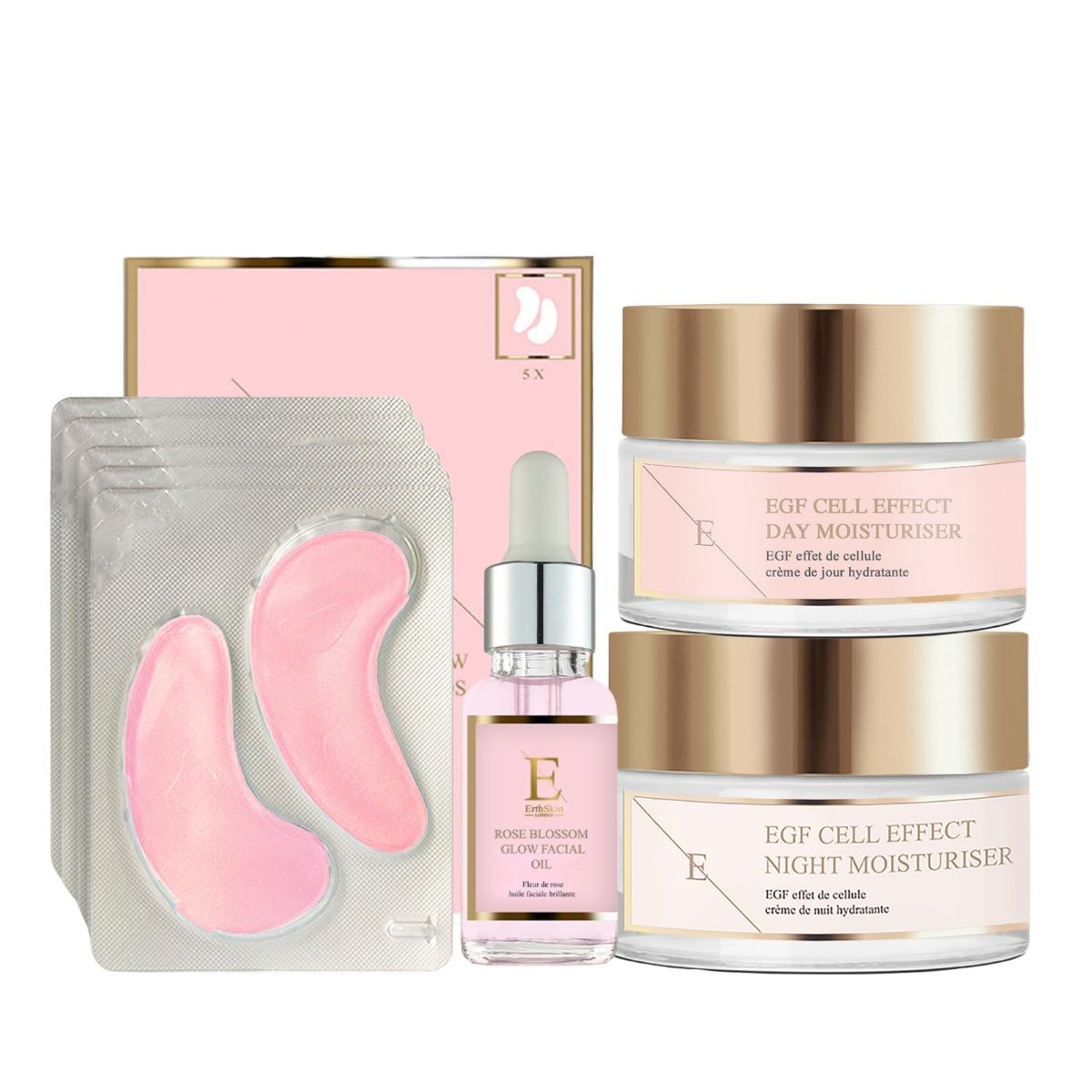 Ensemble avec patchs pour les yeux, huile faciale et deux crèmes. Emballage rose et doré. Inscriptions : EGF Cell Effect, Day Moisturiser, Night Moisturiser.