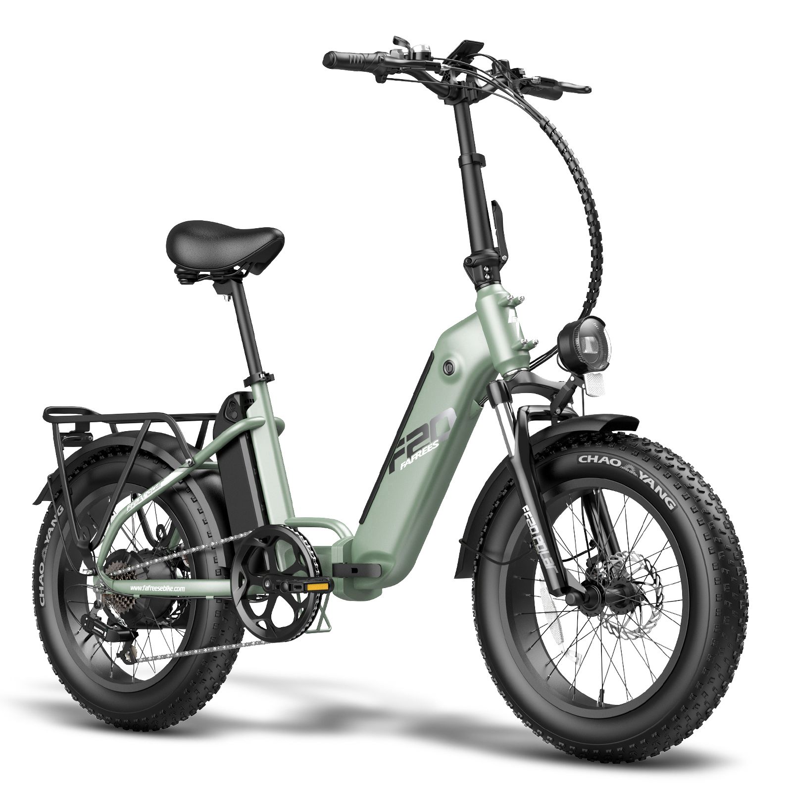 Vélo électrique pliable vert clair. Pneus, selle et porte-bagages noirs. Phare avant et batterie.