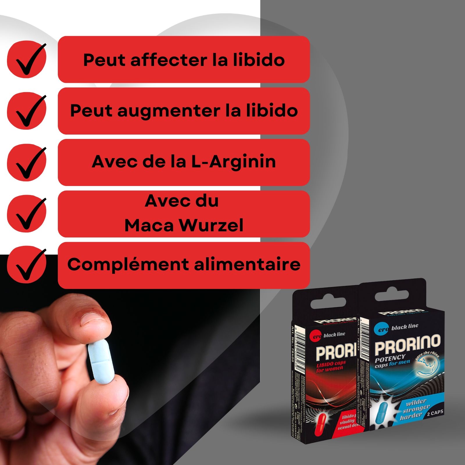 Gélule bleue dans la main. Deux boîtes Prorino. Texte : Peut affecter la libido, avec L-Arginine, avec Maca Wurzel.