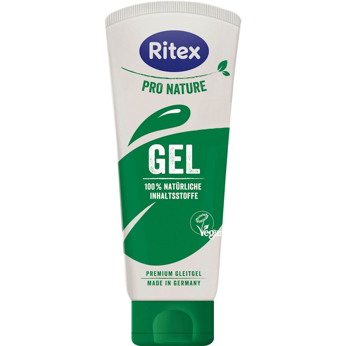 Tube blanc et vert "Ritex Pro Nature GEL". Ingrédients 100% naturels, vegan. Fabriqué en Allemagne.