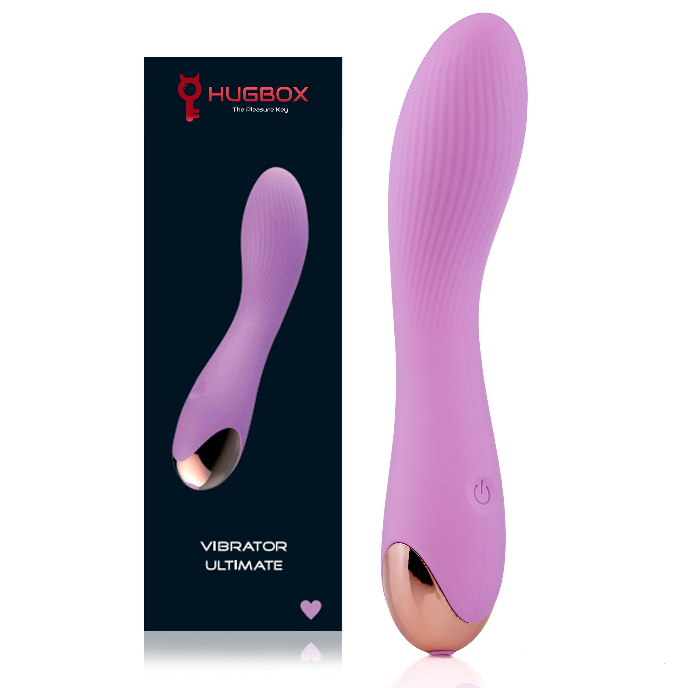 Vibrateur violet avec emballage. Emballage avec image du produit et texte: VIBRATOR ULTIMATE. Inscription: HUGBOX.