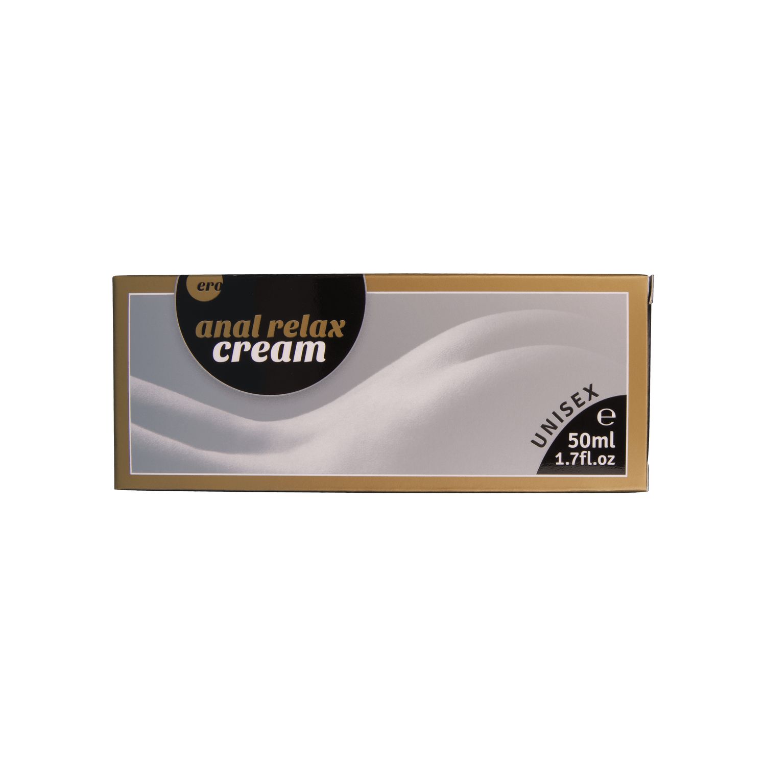 Emballage doré avec texte 'anal relax cream' et 'UNISEX'. Contient 50ml.