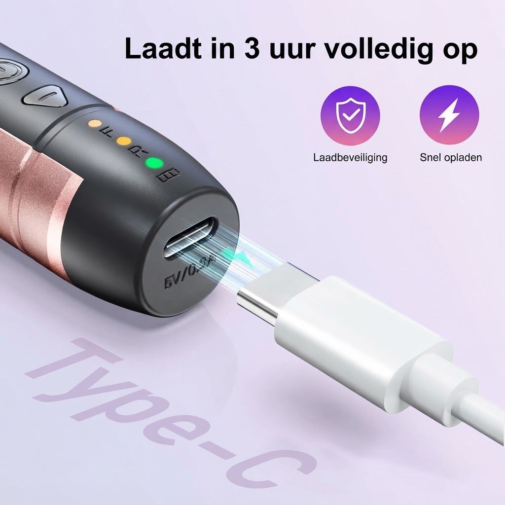 Zwart apparaat met Type-C oplaadpoort en laadindicator. Een witte Type-C kabel wordt aangesloten.