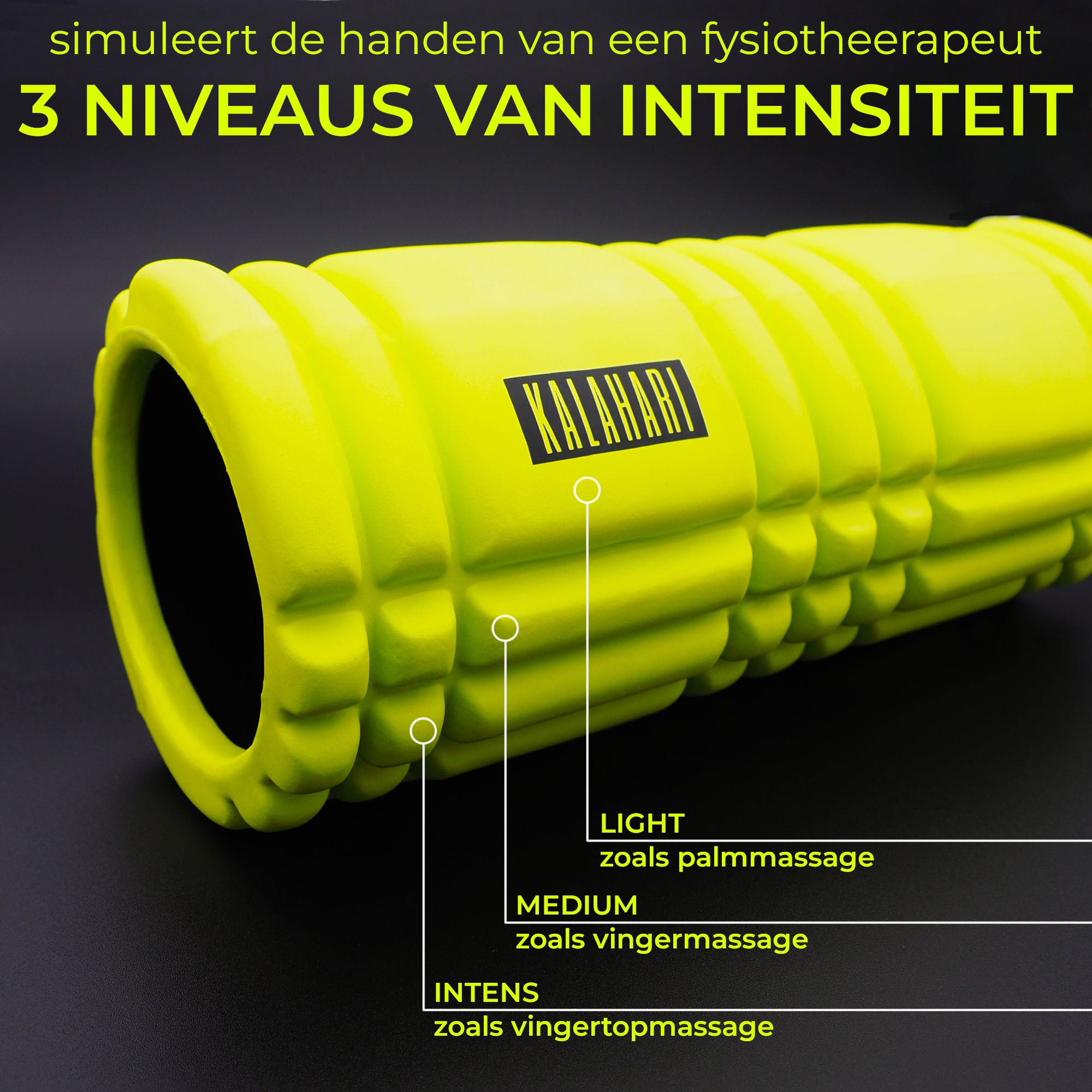 Gele fascia roller, dubbele bal, noppenbal en smartphone met oefengids.