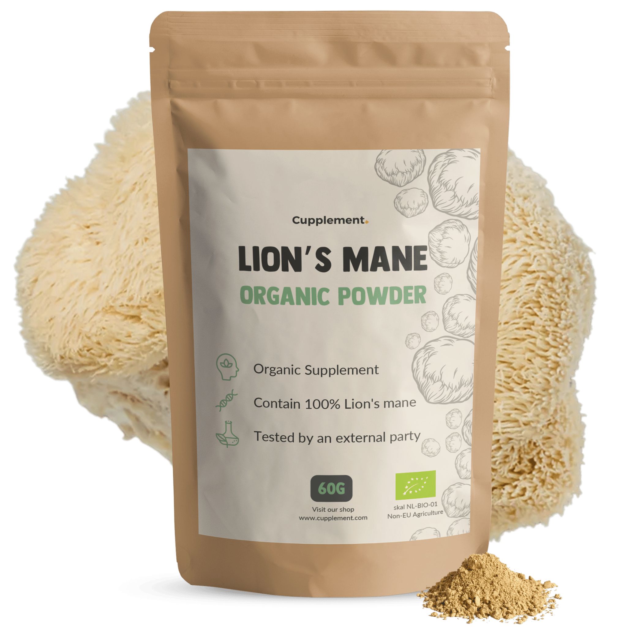 Sachet de poudre de crinière de lion. Emballage marron avec étiquette blanche. Texte : LION'S MANE ORGANIC POWDER. À côté, crinière de lion.