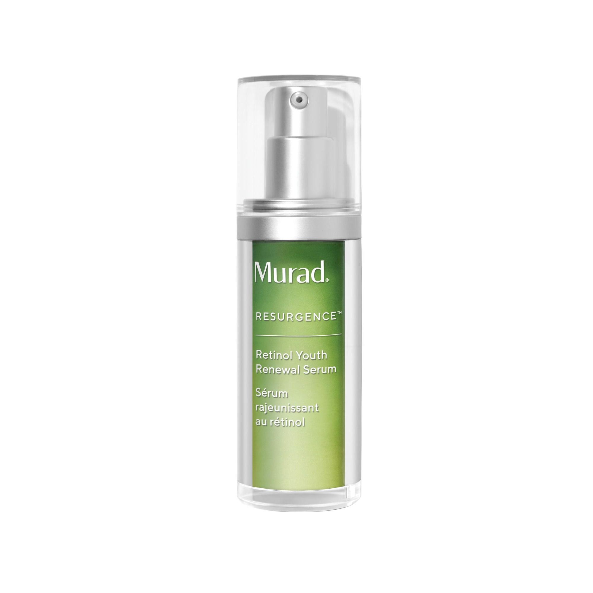 Fles Murad Retinol Youth Renewal Serum met pomp. Groene gradiënt. Tekst: Murad, Serum, Resurgence.