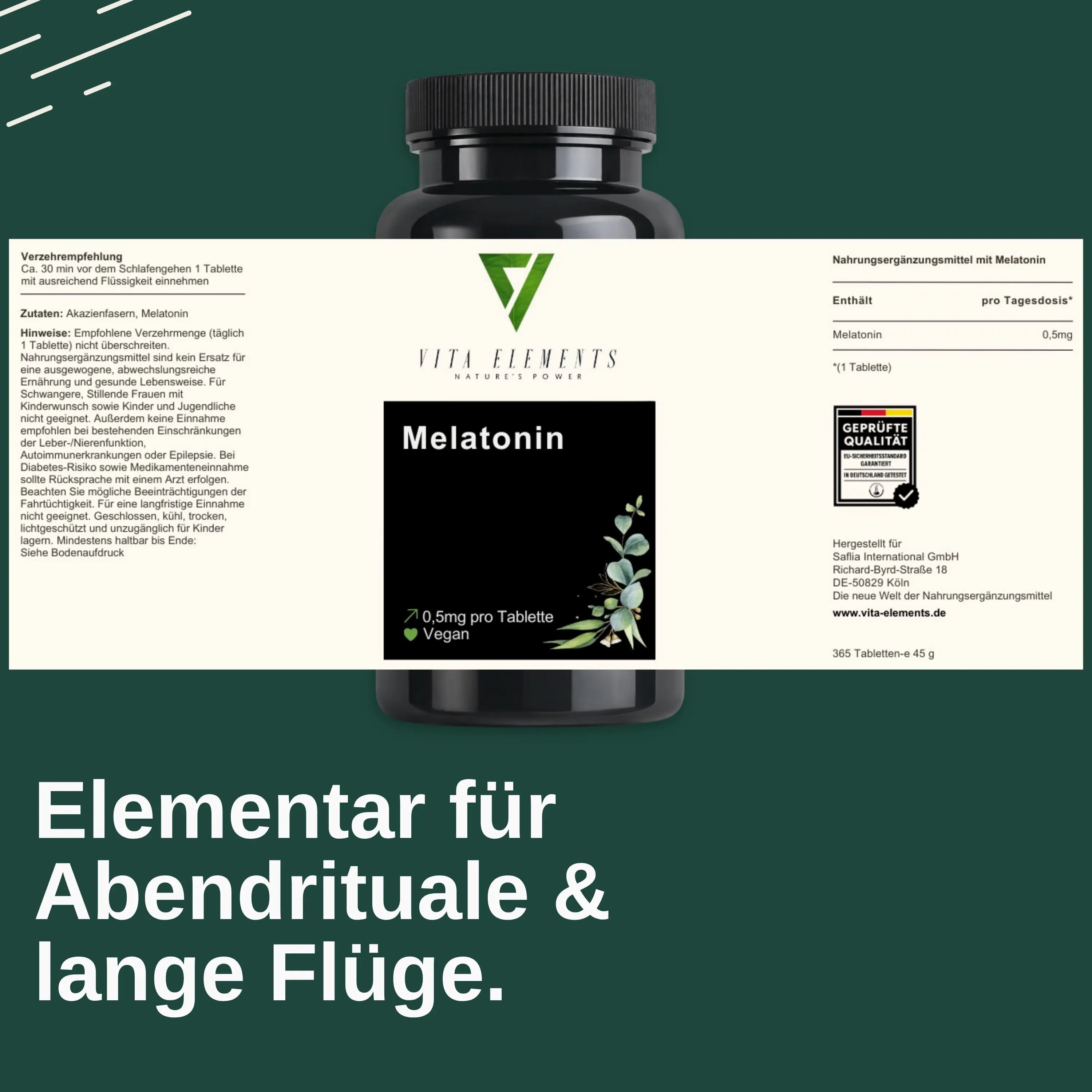 Étiquette d'un pot de comprimés de mélatonine. "Qualité testée". "Essentiel pour les rituels du soir & les longs vols".