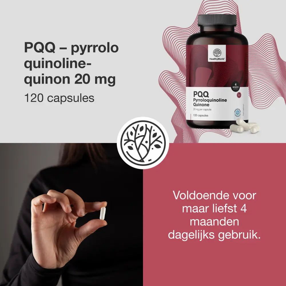 Vrouw houdt capsule vast. Fles en tekst: PQQ Pyrrolochinoline Quinone 20 mg, 120 capsules. Merk: HealthyWorld.